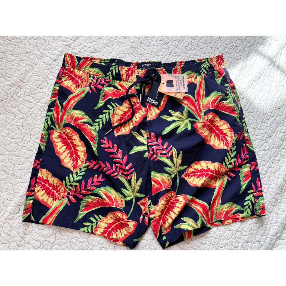 Benson Mens Tropical Leaf Print Swim Trunks Navy Blue Red XL